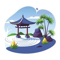 A flat illustration of a serene Japanese garden with a traditional pagoda view vector