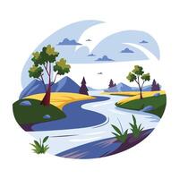 A flat illustration of a flowing river winding through a lush green landscape vector
