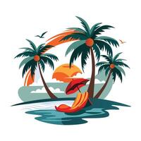 A flat illustration of a beautiful beach sunset with palm trees, a lounge chair, and a vibrant sky vector