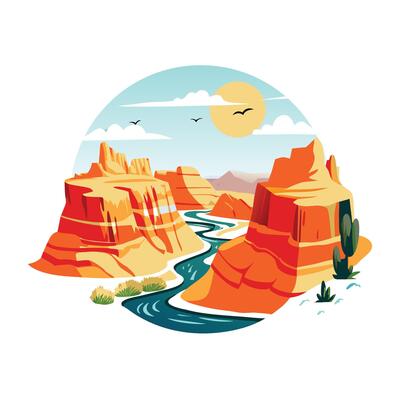 A flat illustration of a stunning mountain view with a serene lake reflecting the majestic peaks