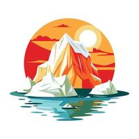 A flat illustration of a stunning mountain view with a serene lake reflecting the majestic peaks vector