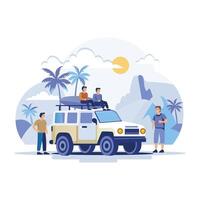 This flat illustration shows a group of friends on a desert expedition vector