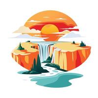 A flat illustration of a stunning mountain view with a serene lake reflecting the majestic peaks vector