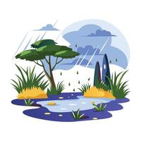 A flat illustration of a rainy forest scene with a lush green tree vector