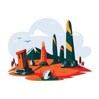 A flat illustration of an evening landscape with ancient ruins, a distant mountain, and a serene sky vector