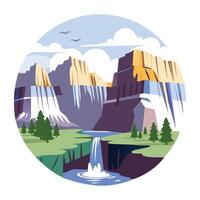A flat illustration of a snow mountain range with a serene lake in the foreground vector