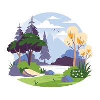 A flat illustration of a serene forest scenery with lush green trees vector