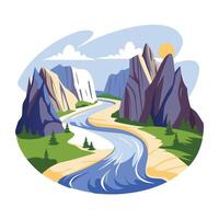 A flat illustration of a breathtaking mountain scenery with a winding river flowing through a lush green valley vector