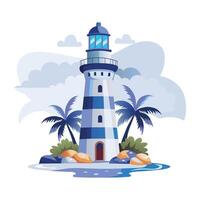 A flat illustration of lighthouse tower surrounded with palm trees vector