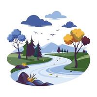 A flat illustration of a snow mountain range with a serene lake in the foreground vector