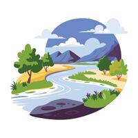 A flat illustration of a serene river landscape, surrounded by rolling hills and a clear blue sky vector