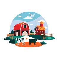 A flat illustration of a cattle farm scene with a red barn, a silo, cows grazing in a field vector