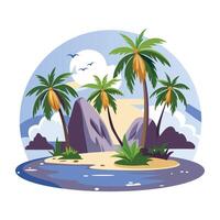 A flat illustration of a snow mountain range with a serene lake in the foreground vector