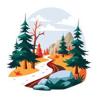 A flat illustration of a serene pine forest with a winding path vector
