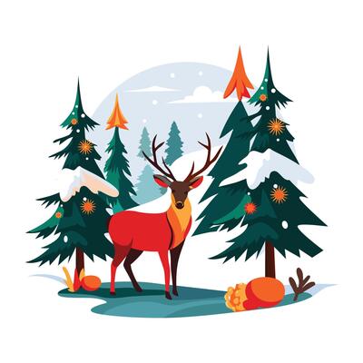 A flat illustration of a deer standing in a snowy forest with beautiful christmas trees