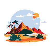 A flat illustration of a stunning mountain view with a serene lake reflecting the majestic peaks vector