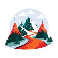 A flat illustration of a snow mountain range with a serene lake in the foreground vector