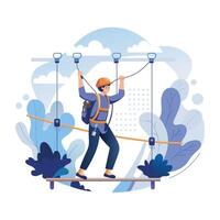 This flat illustration shows a person navigating a challenging ropes course vector