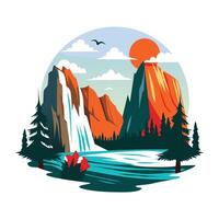 A flat illustration of a stunning mountain view with a serene lake reflecting the majestic peaks vector