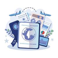 Flat illustration shows a passport with travel related elements vector