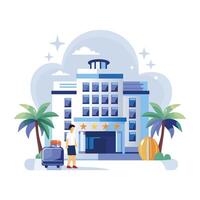 This flat illustration shows a person with luggage checking into a luxurious hotel vector