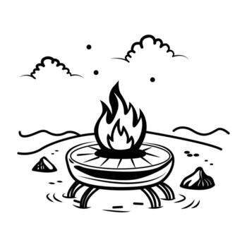 Hand drawn icon of a firepit with flames and clouds vector