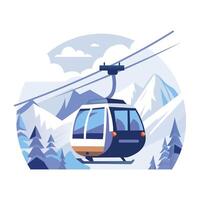 This flat illustration shows a cable car moving through a snowy mountain landscape vector