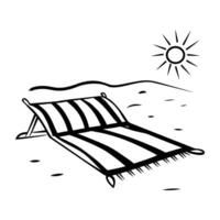 Hand drawn icon of a beach blanket on the sand with a sun shining above vector