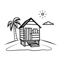 Hand drawn icon of a beach hut with a palm tree and sun vector