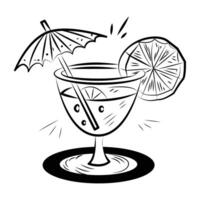 Hand drawn icon of a cocktail with an umbrella and a slice of lemon vector