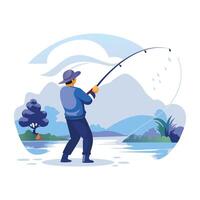 Person enjoying river fishing flat illustration vector