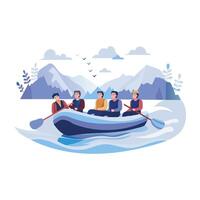 Flat illustration depicts a group enjoying a thrilling rafting adventure vector