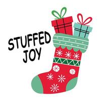 A flat sticker of gift sock with stuffed joy typography vector
