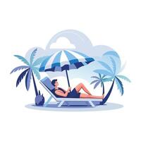 Flat illustration shows a person sunbathing on a lounger under an umbrella vector