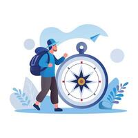 A flat illustration shows a backpacker with a travel compass, symbolizing the journey vector