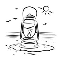 Hand drawn icon of a lantern on the beach with birds flying and the sun shining vector
