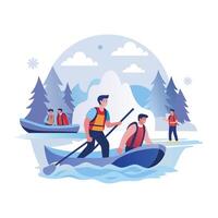 Group of friends enjoying kayaking, flat illustration vector