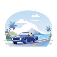 Flat illustration shows a person enjoying a scenic drive in a convertible car vector