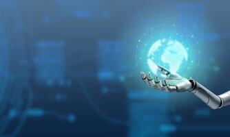 earth world planet robot hand body part holding technology sphere science futuristic global innovation blue element copy space future business cyborg ai artificial intelligence communication machine photo