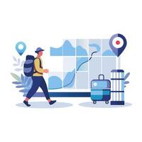 A flat style illustration showing a person finding travel location vector