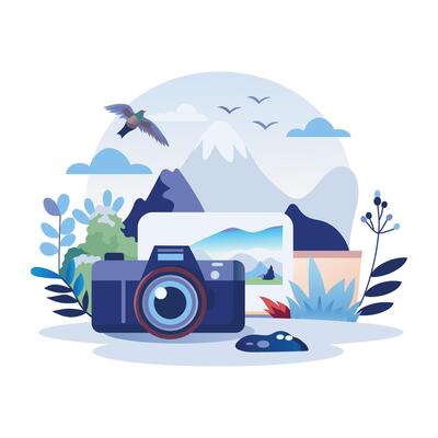 A flat style illustration of travel photography camera