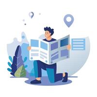 A flat illustration shows a person studying a travel map, planning their next adventure vector