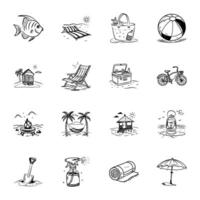Set of 16 Coastal Vibes Doodle Icons vector