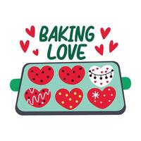 A flat sticker of a cookie tray with baking love typography vector