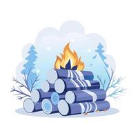 A flat illustration shows a pile of firewood burning brightly in a snowy winter forest vector
