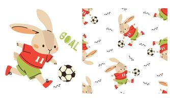 A set of prints for printing on children's products. Seamless pattern on white background on sports theme. Cute bunny playing soccer. Prints in children's style vector