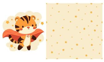 Collection of prints for printing on children's products. Cute tiger cub in superhero cape, clouds and stars on white background. Seamless pattern vector
