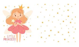 A set of prints for printing on children's products. Cute fairy princess with magic wand on white background, seamless pattern of stars on white background vector