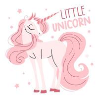 Cute magic unicorn with long mane and tail. Flat illustration in childish simple style on white background, stars and lettering vector