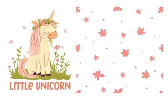 A set of prints for printing on children's products. Cute unicorn sitting in a meadow and eating grass, seamless pattern of daisies on white background vector